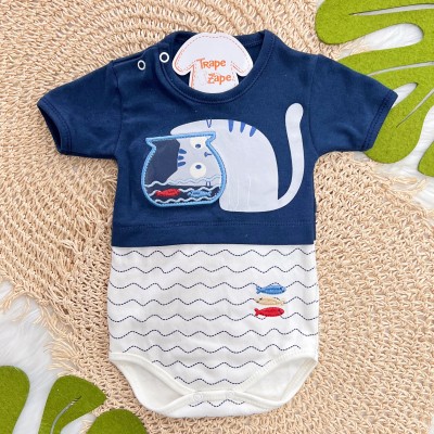 Kit 3 Peças - Bodys Manga Curta Gatinho com Peixinhos - Off White e Marinho